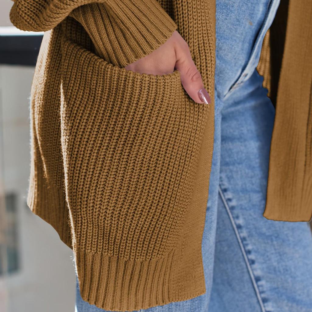 Женский кардиган, вязаный свитер, открытый спереди, повседневный, с длинным рукавом, легкие кардиганы с карманами