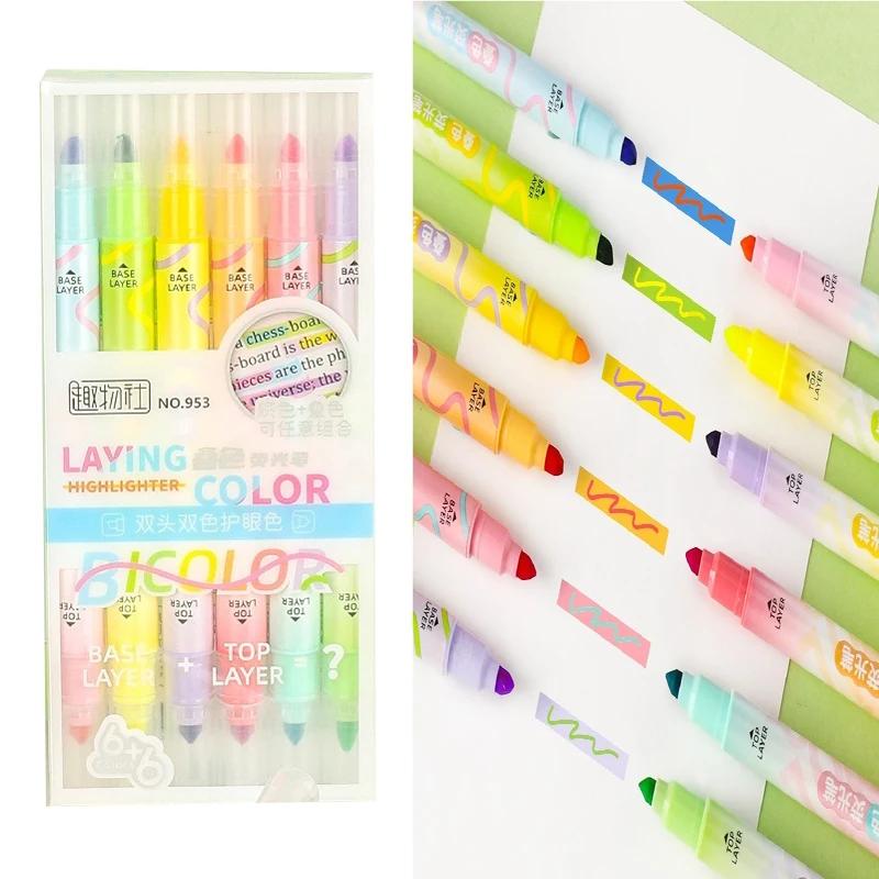 6 шт./набор Цветная двусторонняя ручка-хайлайтер для рисования Коллекция Двусторонняя флуоресцентная волшебная художественная ручка Лайнер для рисования Офис Школа Дневник