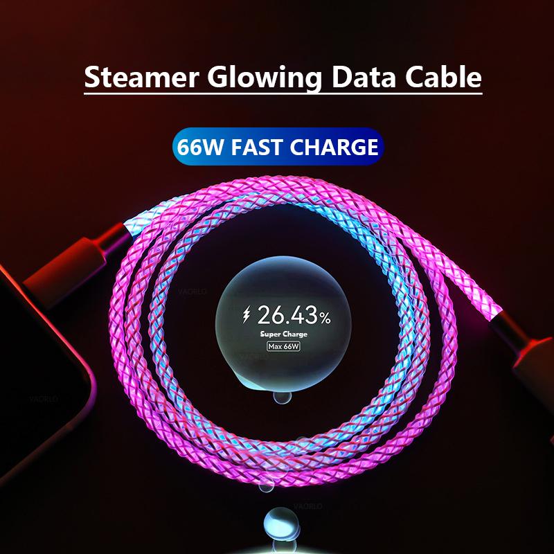 VAORLO 66W 6A Кабель для передачи данных RGB Светящийся заряд Быстрая зарядка для iPhone Type-C USB-зарядное устройство Высококачественный кабель для передачи данных