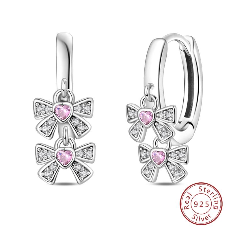 100% 925 Silver Romantic Pink Bow Earrings Sparkling Heart-Shaped Zircon Ear Studs For Women Wedding Engagement Jewelry