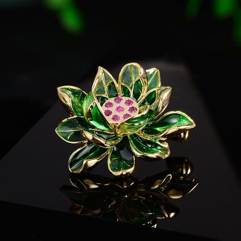 Elegant Chinese Lotus Enamel Zircon Brooch for Cheongsam Dress