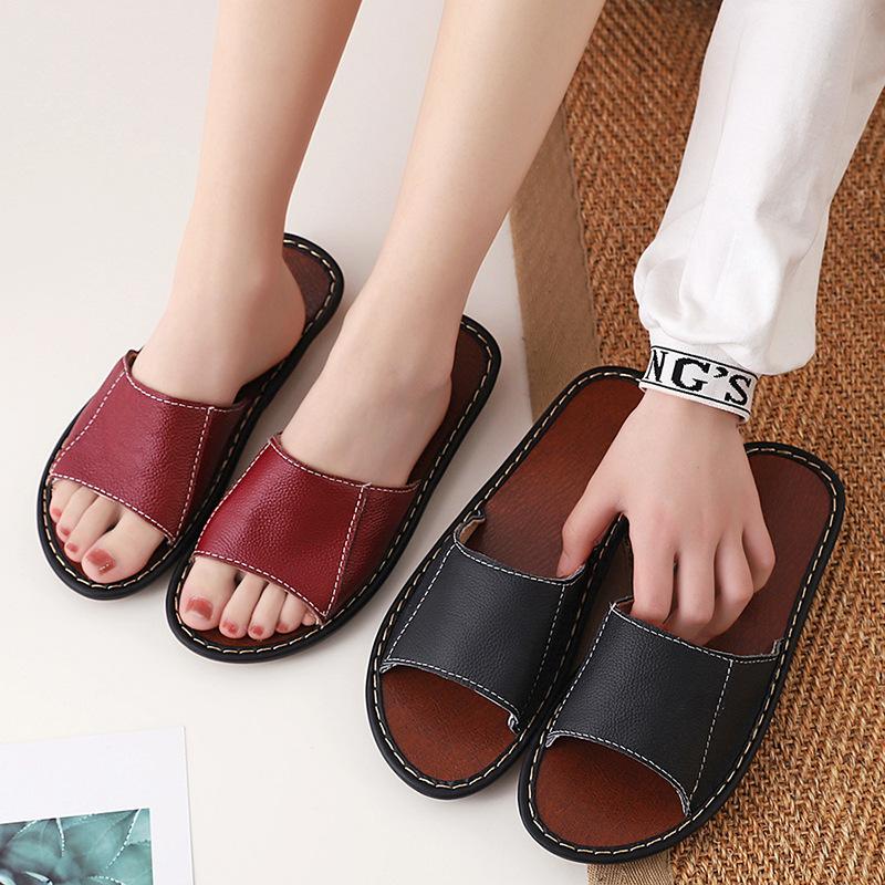 Модные женские кожаные тапочки в стиле ретро с мягкой подошвой и противоскользящим покрытием