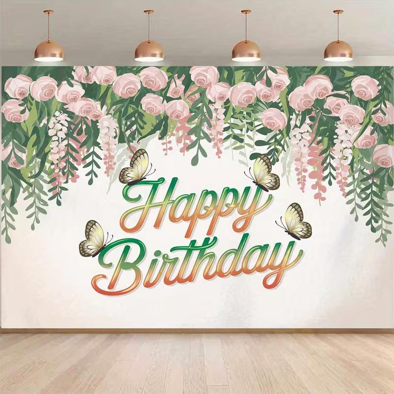 2D Pink Rose Butterfly Happy Birthday Backdrop Floral Photography Background