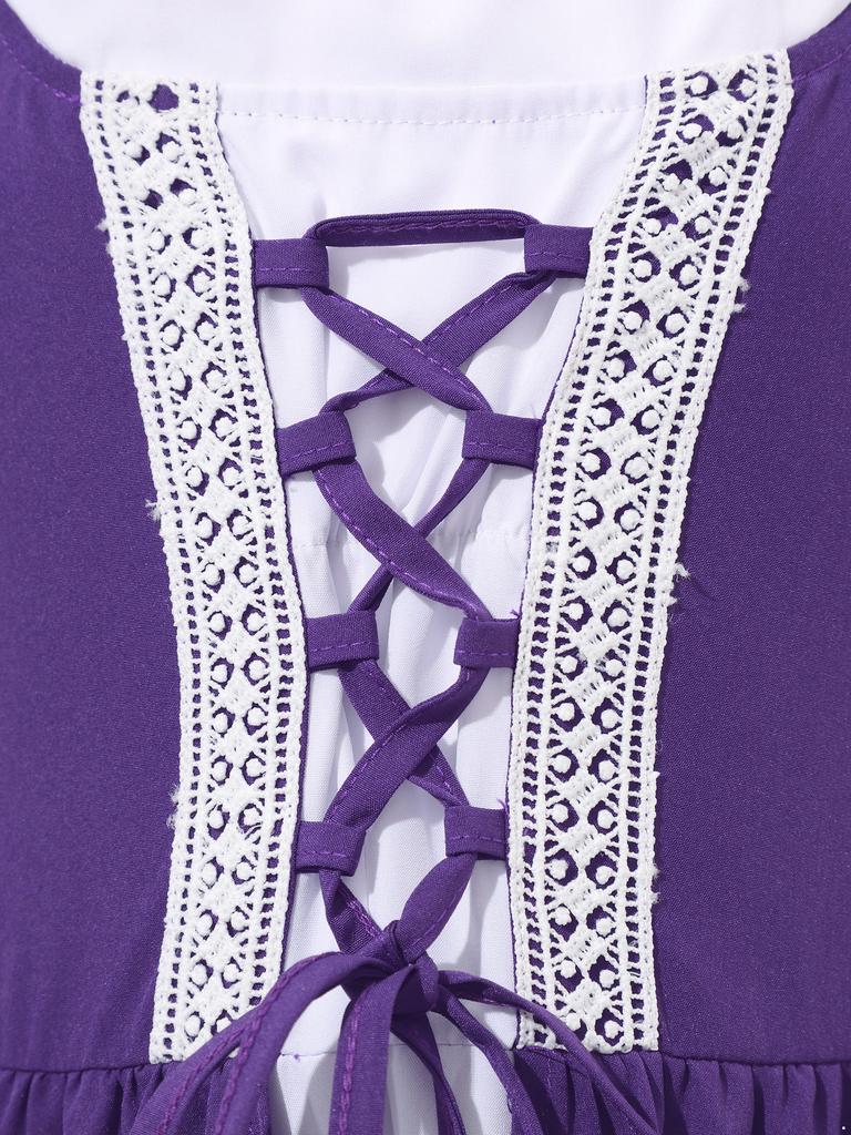 Kids Girls Renaissance Cosplay Medieval Dress Up Costumes Short Sleeve Adjustable Lace-up Gown Dress