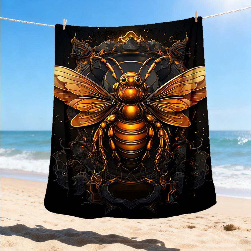 1pc Golden Bee Emblem Throw Blanket Polyester Fiber, Lightweight Flannel, Soft & Warm, All Season Use for Outdoor, Camping Digital Print