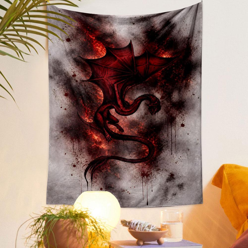 "Red Dragon with Fiery Background" Patterned Tapestry Decorative Wall Hanging, Home Bedroom Living Room Decor