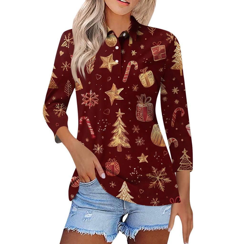 Women's Fashion Casual Lapel Short 3/4 Sleeve Christmas Print Shirt Women's Button Up Tops
