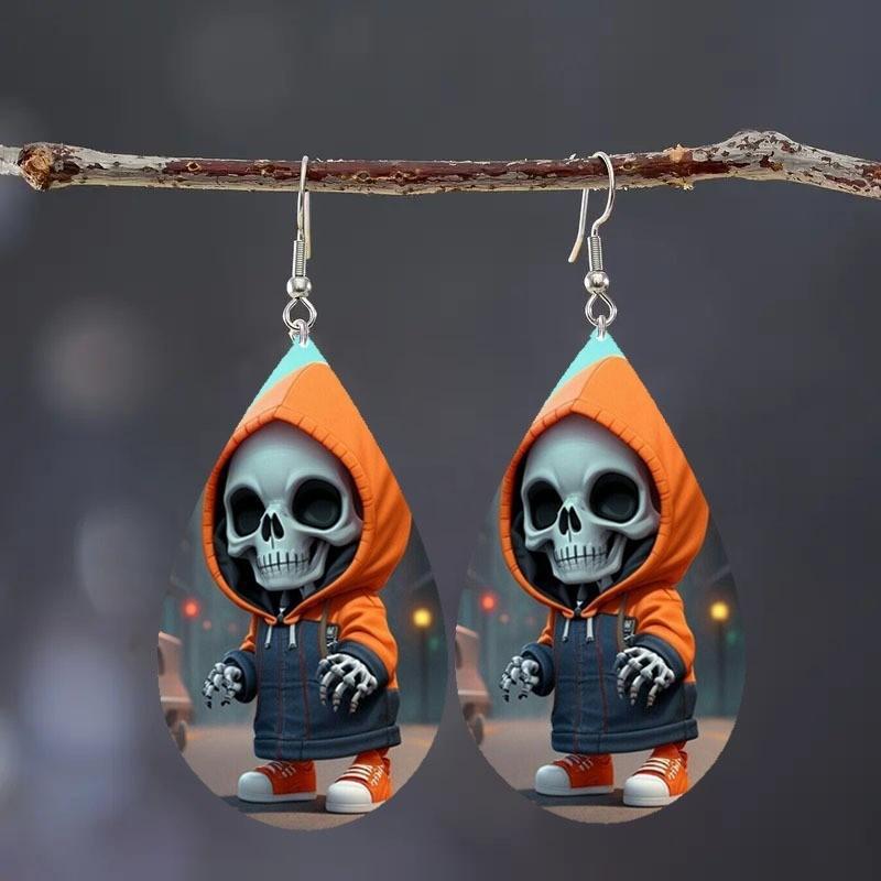 Hooded Themed Halloween Jacket Skull Pattern Droplet Shaped Earrings Acrylic