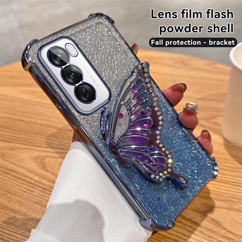 Glitter Shockproof Plating Quicksand Butterfly Phone Holder Case for OPPO Reno 14 14F 13 13F 12 12F 11 11F 10 Pro Silicone Cover