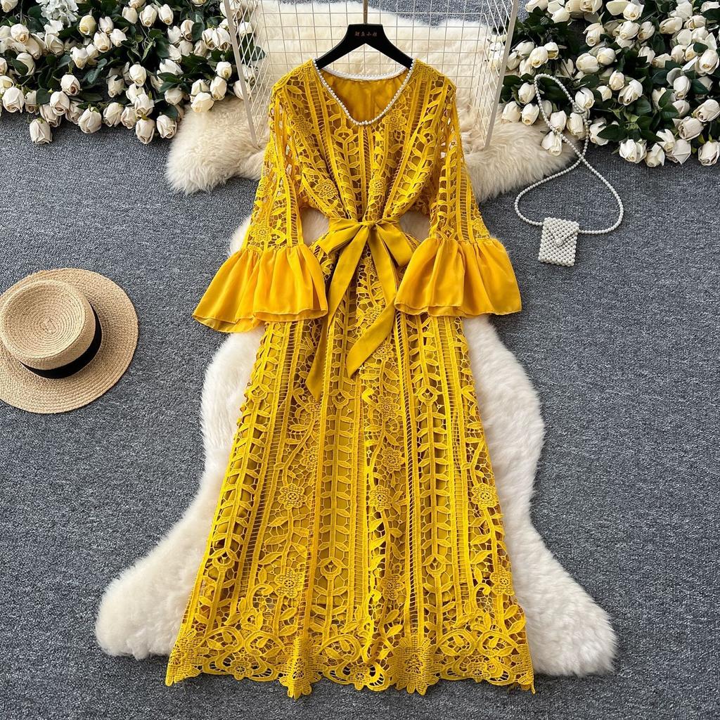 France Vintage Hollow Out Evening Dress Women Sashes V-Neck Flare Sleeve Crochet Elegant Dress Female Casual Chic Clothing