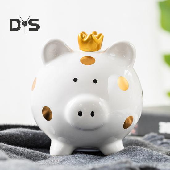 Ceramic Crown Pig Piggy Bank Golden Dot Cartoon Pig Coin Money Bank Home Office Bookshelf Desktop Decoration Ornament Kids Adults Gift