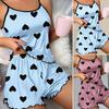 2 Pcs/Set Women Summer Pajama Set Heart Print Backless Sleeveless Spaghetii Strap Shirring Edge Elastic Waist Shorts Vest Set Sleepwear Daily