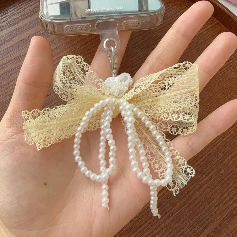 2025 New Sweet Lace Bow Beaded Bow Keychain Phone Charm Strap Pendant for Phone Accessories Bag Hanging Cord for Women Girl