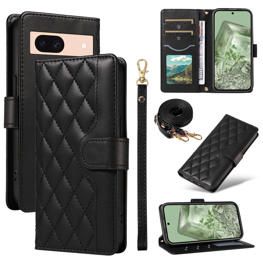 For Google Pixel 8a Case Wallet Rhombus Leather Phone Cover with Shoulder Strap,Wrist Strap