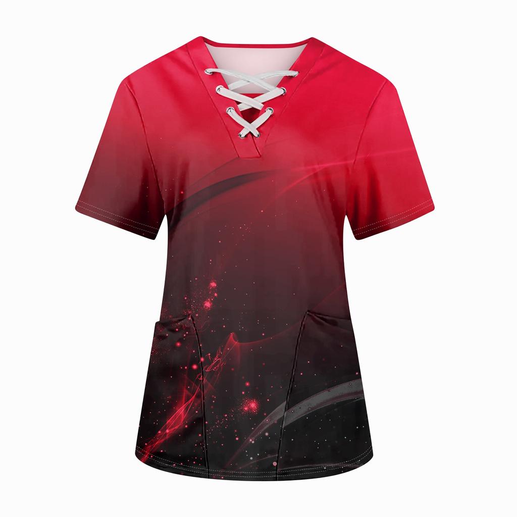 Плюс размерСкраб с принтом Рабочая форма Топы для женщин Крест V-образным вырезом Хэллоуин Принт с короткими рукавами Забавные футболки Спецодежда Футболка с карманами