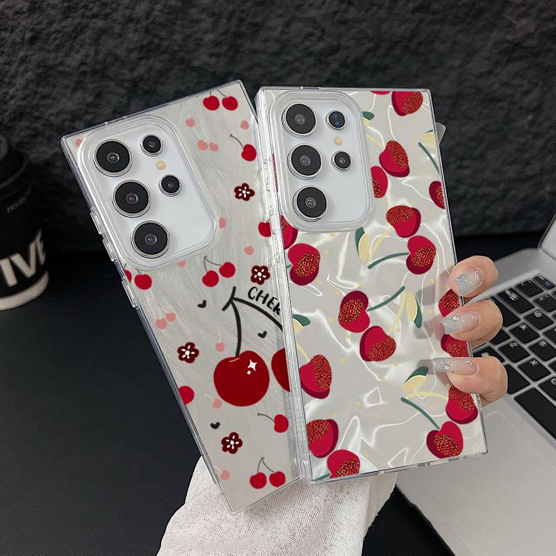 Чехол для телефона с перьями и узором вишни для Samsung S25 Ultra S24 FE S23 A56 A36 A16 A55 с мягким краем, тонкий, ударопрочный, блестящий, жесткий чехол-бампер из ПК