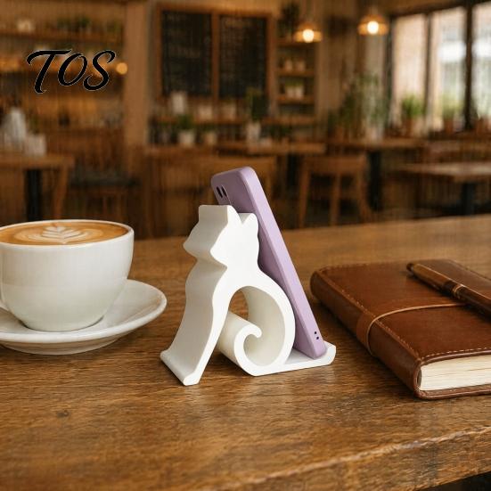 Minimalist Phone Holder Cute Cat Stand, Curled Tail Kitty Desk for Cell Black Dock Tablet, 3D Printed Universal Stand Office Bedroom, Gift Lovers