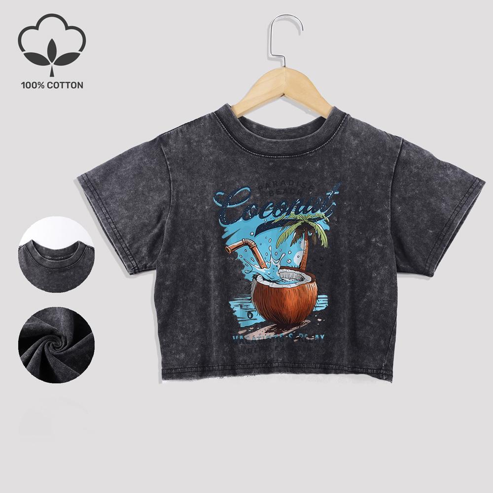 Хлопковые кроп-топы с принтами кокосов Paradise Beach, летние майки с кружевной отделкой по низу, выстиранные футболки обычного кроя с круглым вырезом, повседневная одежда