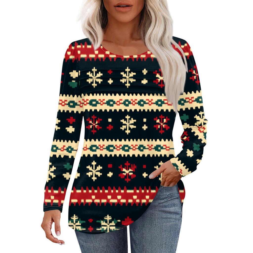 Женская футболка с круглым вырезом и длинными рукавами с принтом рождественской елки и снежинки