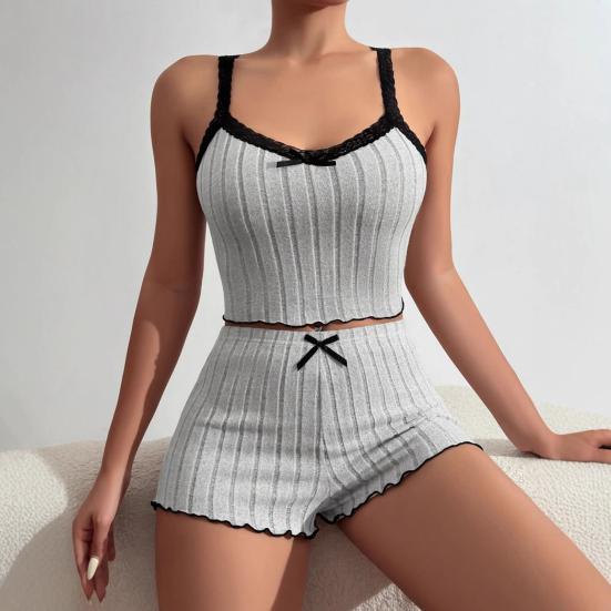 2 Pcs/Set Women Summer Pajamas Suit Shirring Edge Sleeveless Backless Crop Top Lace Bow Decor High Waist Mini Shorts Daily Nightie Slim Fit Sleepwear