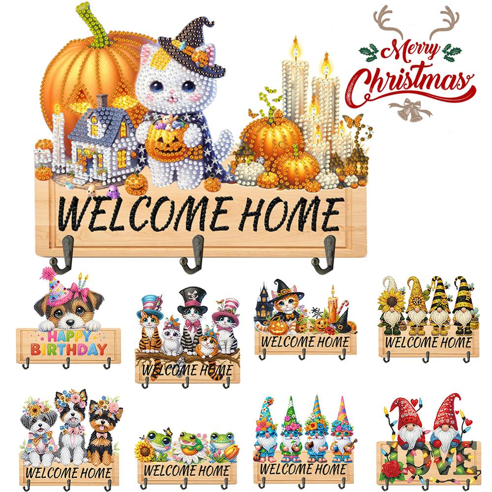 Wooden Diamond Art Hanging Hooks with 3 Hooks Rhinestone Painting Coat Hook Welcome Home Dog DIY Diamond Painting Art Hooks