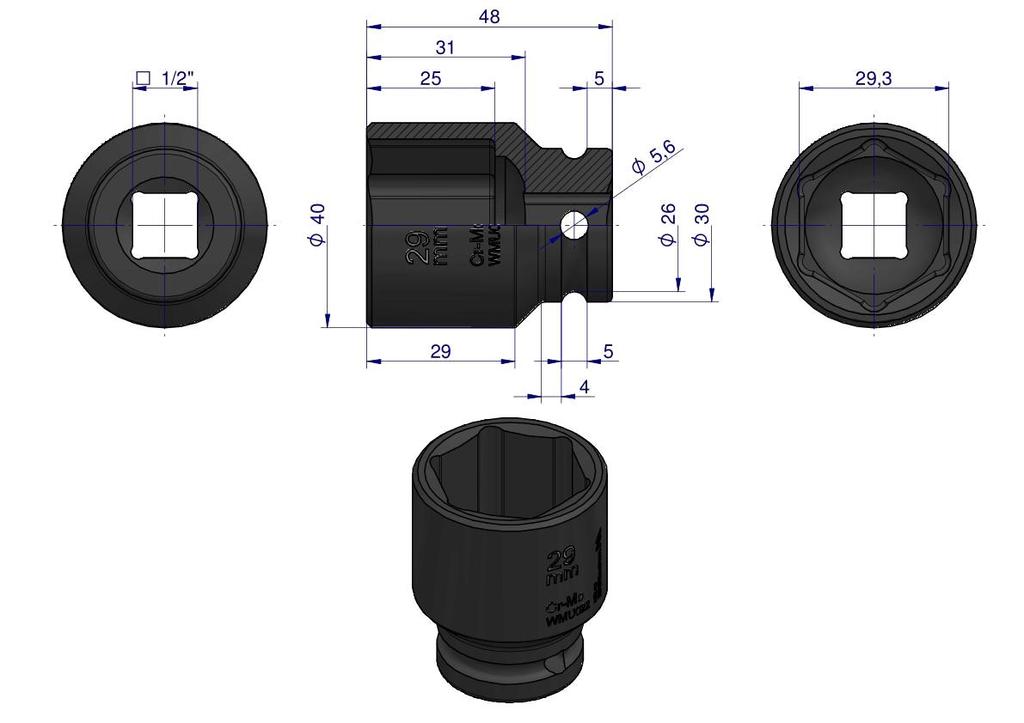 Nasadka Udarowa Sześciokątna 1/2". 29 Mm. Crmo. Din 3129. Waryński
