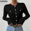 Women Autumn Round Neck Long Sleeve Pearl Button Cardigans