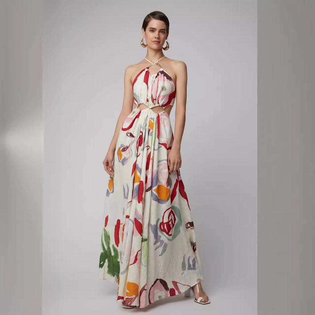 2025 Spring and Summer New Models, Women's New Slim-fitting Pendulum, Suspender Splicing Printed Long Dress, Beach Dress