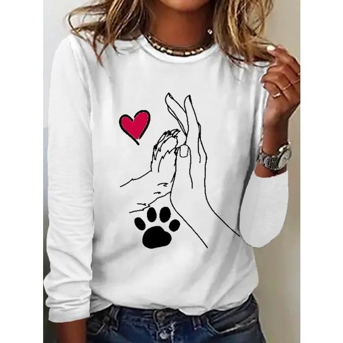 Round Neck 3D Printed Love Cat Footprint Pattern Top Fashionable Casual Long Sleeved Women's T-shirts