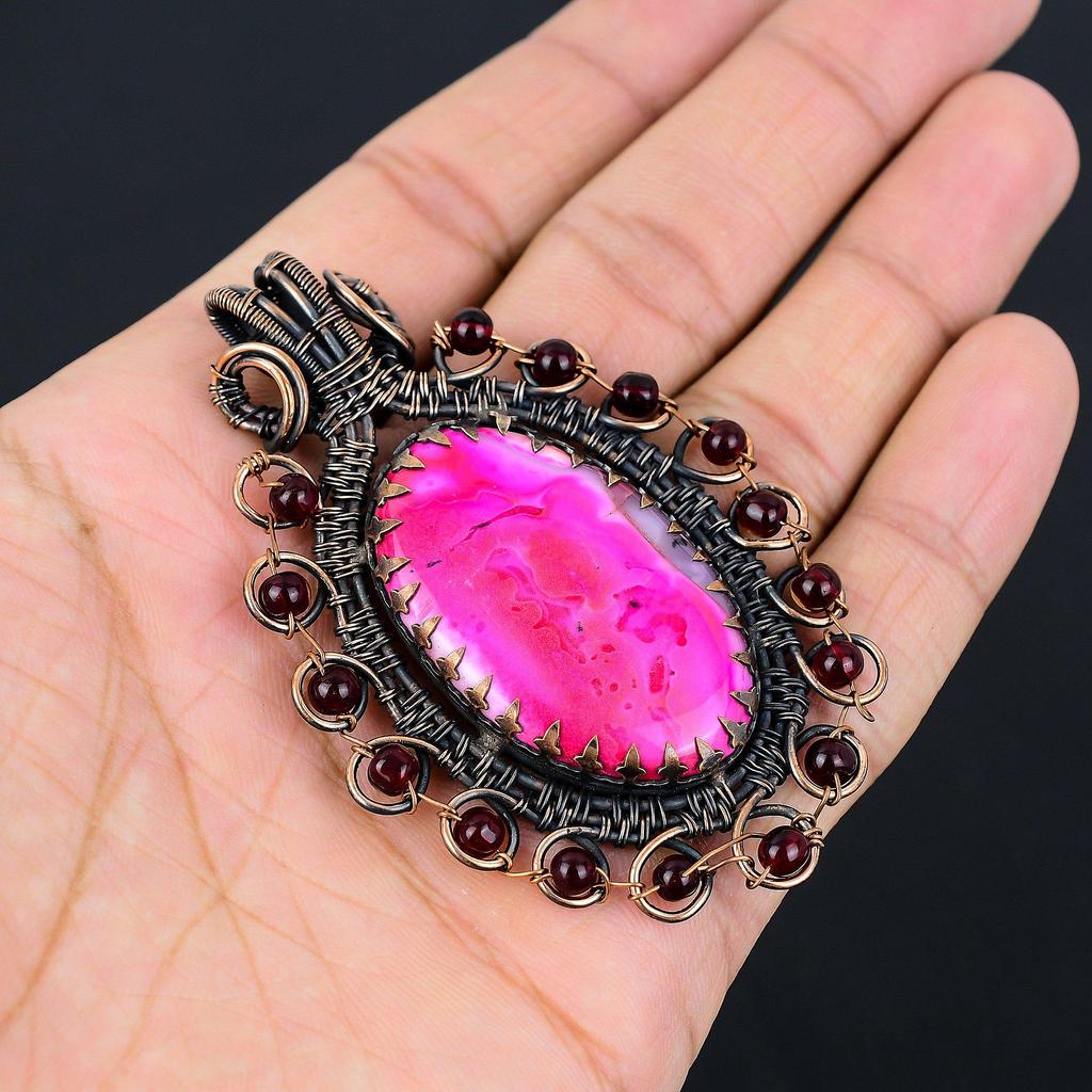 Розовый дендрит опал драгоценный камень чистая медная проволока обернутая ювелирные изделия ручной работы кулон