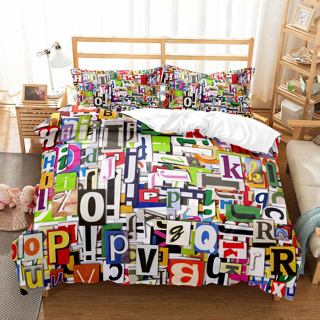 Alphabet Duvet Cover Set Colourful Letter Pattern Polyester Comforter Cover King Queen Full Size for Kids Boys Girls Bedding Set