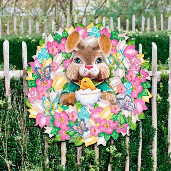 Easter Bunny Wreath Door Sign Wooden Rabbit Wreath Hanging Sign Spring Easter Holiday Party Door Hanger Wall Art Decoration