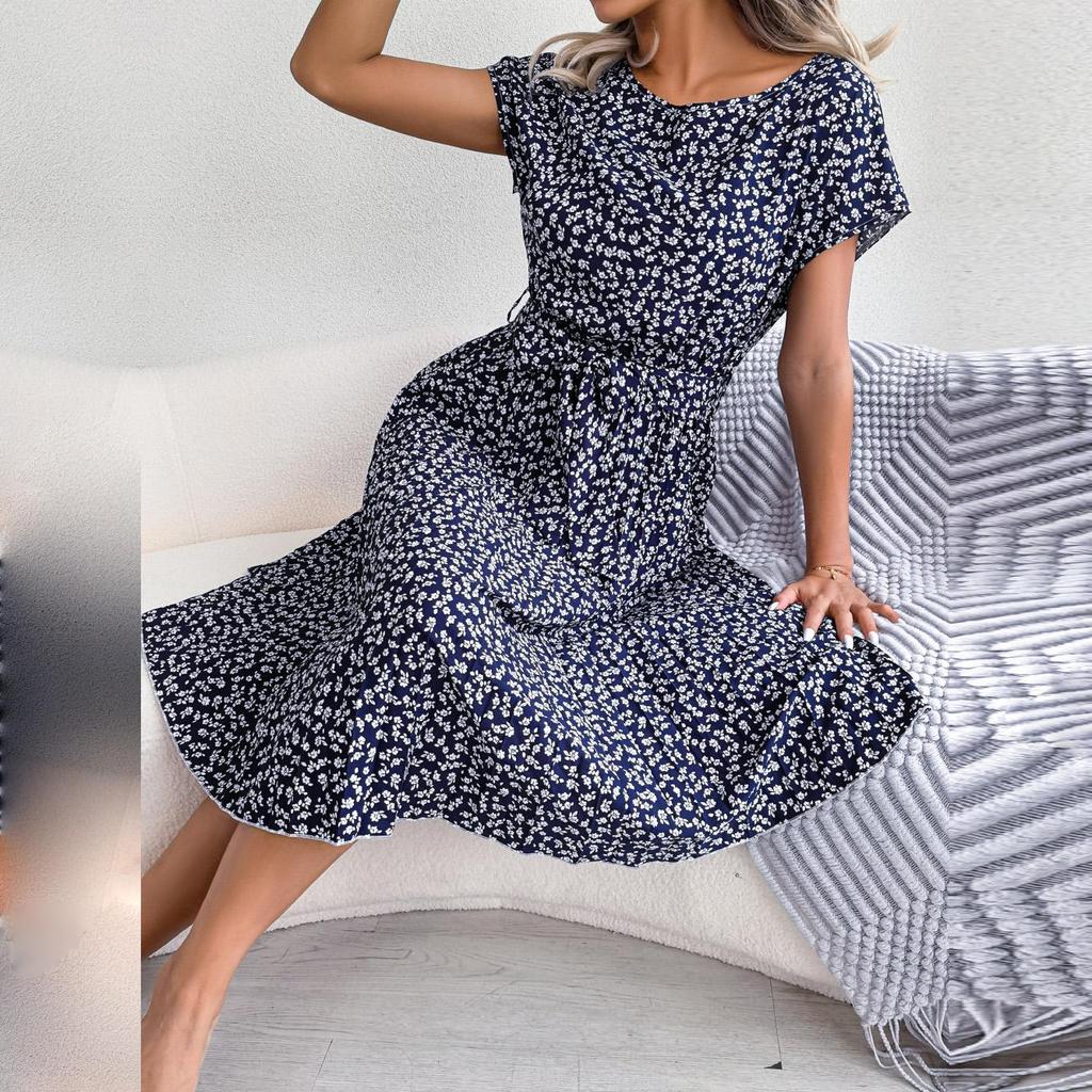 Spring Summer Women Short Sleeve Floral Pleated High Waist A Line Long Dress S-XL