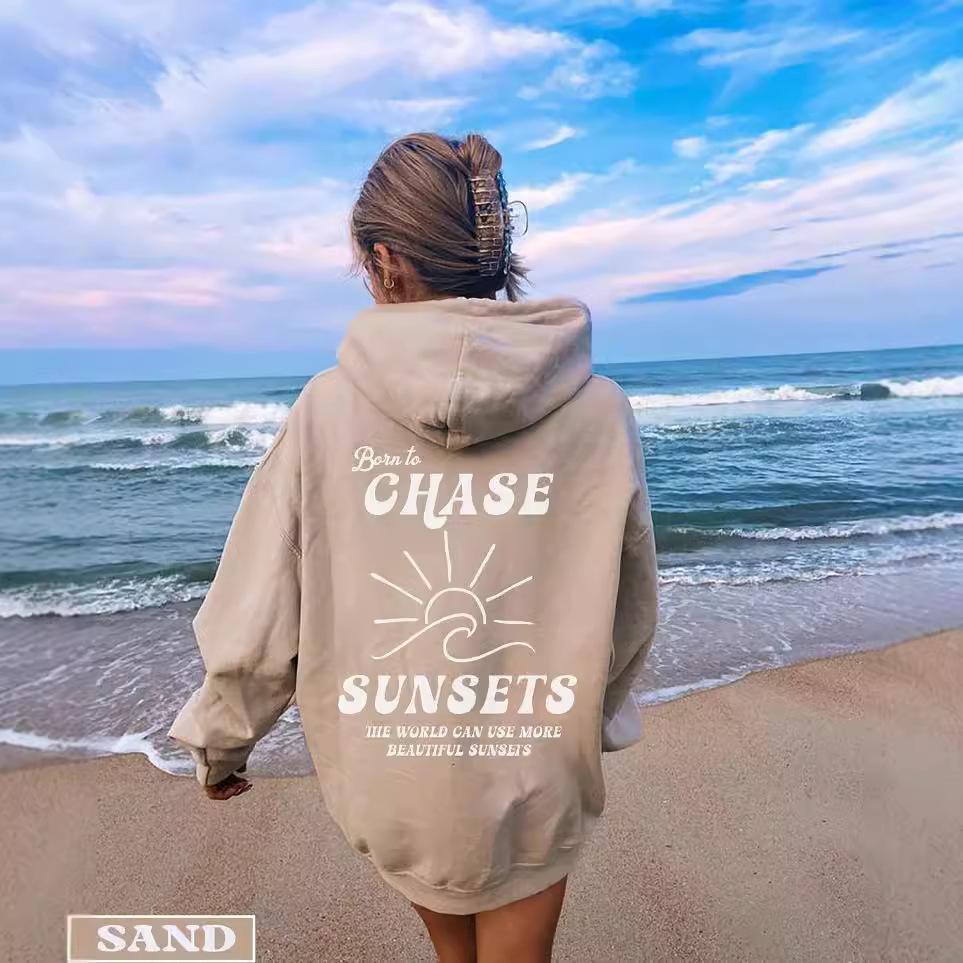 Born To Chase The Sunsets Sleeve Threaded Sweater Print Hooded Sweater Top