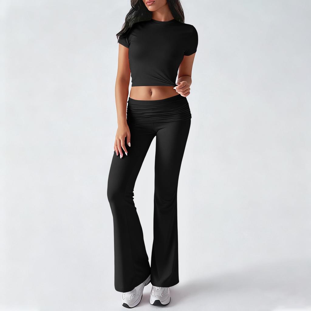 Женский повседневный топ и брюки однотонного цвета, модный комплект из двух предметов