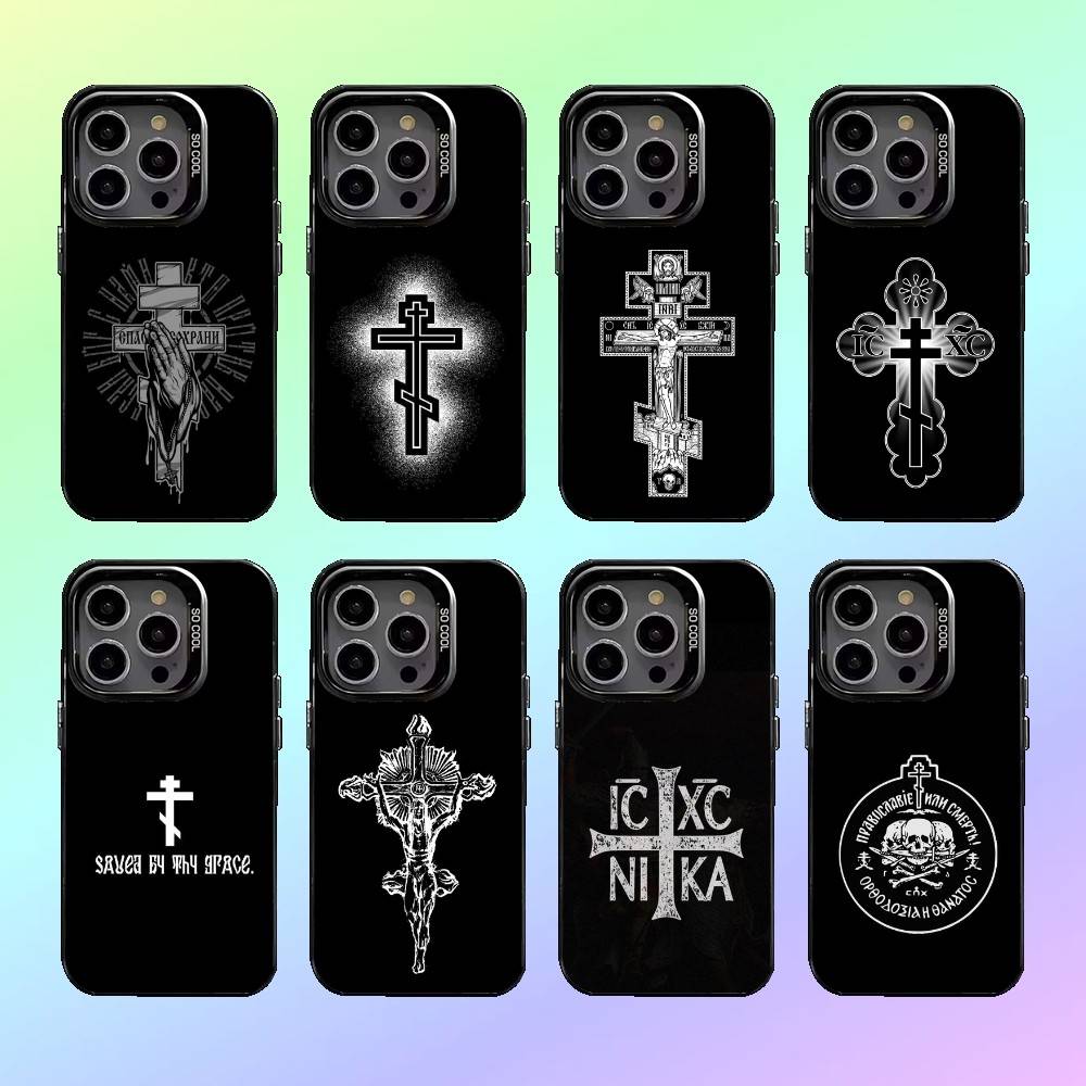 Чехол для телефона с иконкой Православного Креста О- для iPhone17,16,15,14,13,12,11 Покрытие с серебряным ободком для камеры Конфетное матовое покрытие