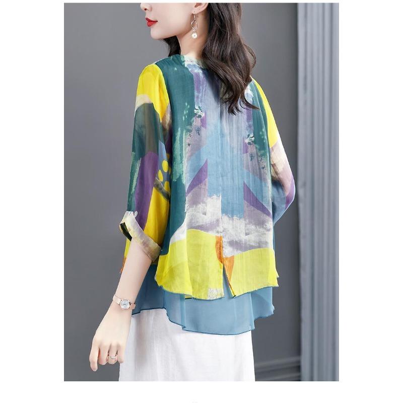 Летние Элегантные Модные Шифоновые Блузки с Принтом Femme Рукав 3/4 Пуловер Топы Женские Свободные Повседневные Блузки