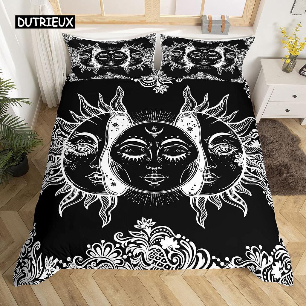 Комплект постельного белья Mandala с завязками на постельном белье Sun and Moon в экзотическом стиле, черно-белый, с ботаническим и цветочным узором, из полиэстера