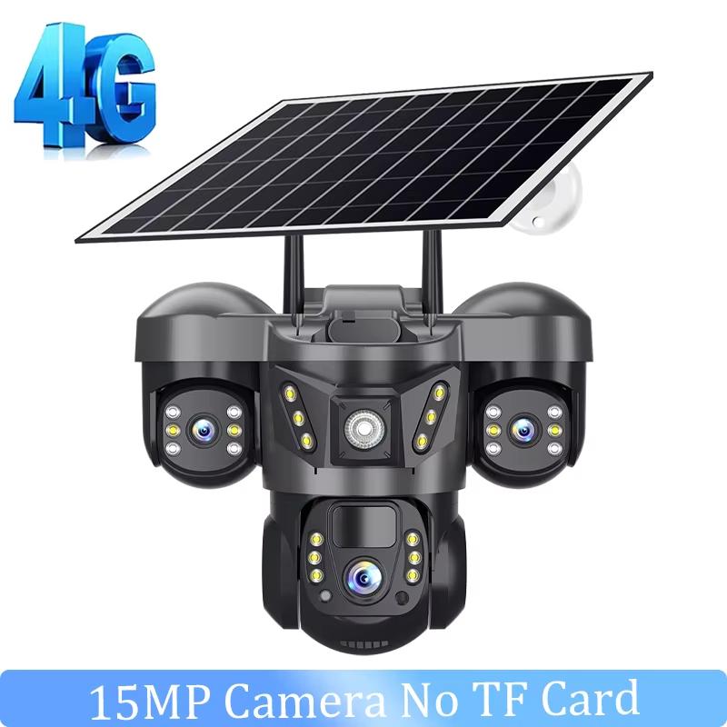 15MP Three Lens 4G Camera Solar Power Outdoor Waterproof PIR Humanoid Detection Security Video Monitor V380 Battery Surveillance