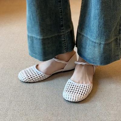 Сандалии женские из овчины с плетеным полым дизайном, верхняя одежда, слово с камелией, круглый носок, плоская подошва