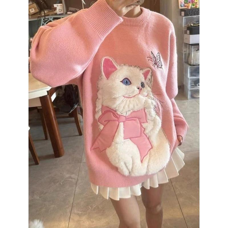 Женский свитер с кошачьим узором, милый розовый пуловер, вязаные свитера, теплый, модный, женский, оверсайз, свободный топ