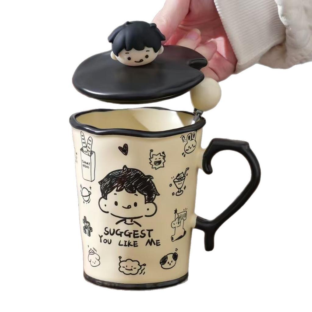 Креативная Персонализированная Пара с Крышкой и Ложкой Керамическая Чашка Высокого Внешнего Вида Большая Вместимость Кружка для Маленького Подарка для Девочек Чашка для Воды для Домашнего Использования