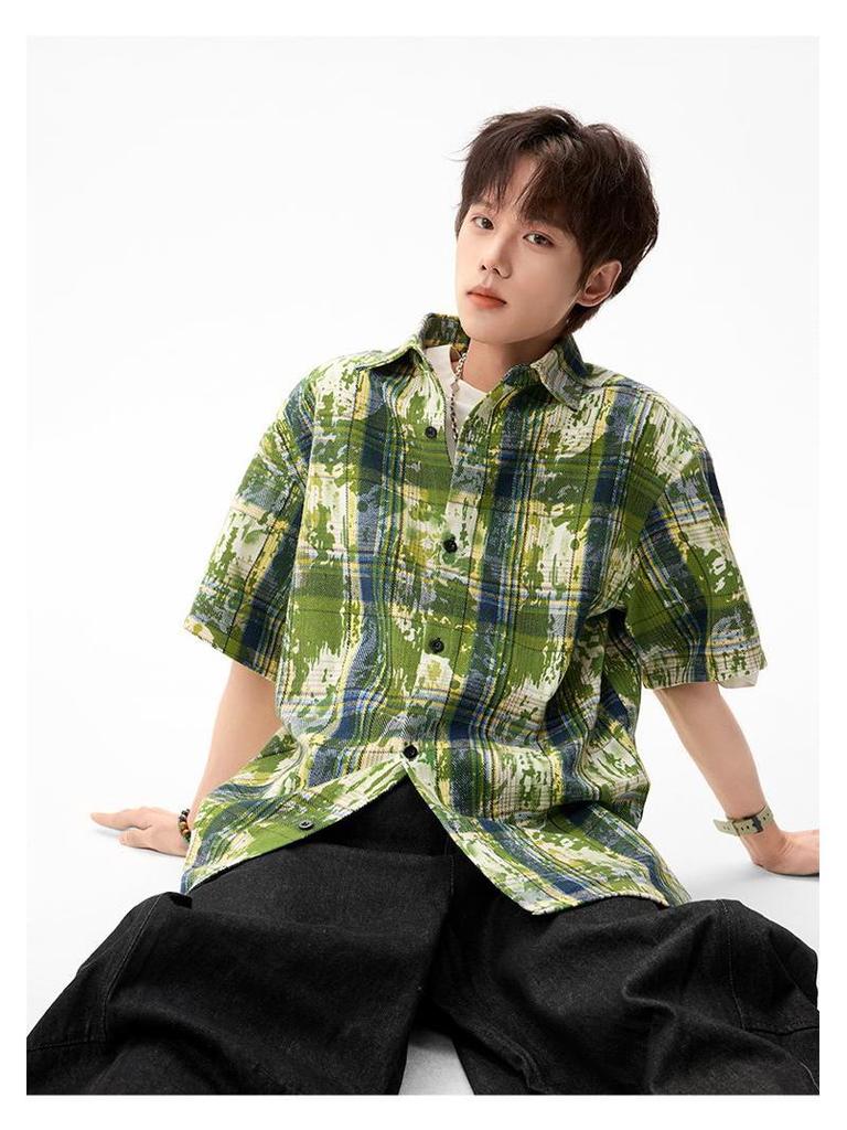 Мужская летняя рубашка с коротким рукавом в стиле тай-дай и color block - Свободный повседневный топ в гонконгском стиле