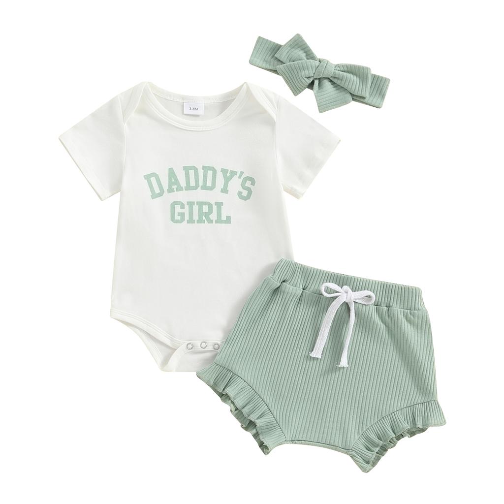 Baby Girls Shorts Set, Short Sleeve Letters Print Romper Elastic Waist Shorts with Hairband Summer Outfit