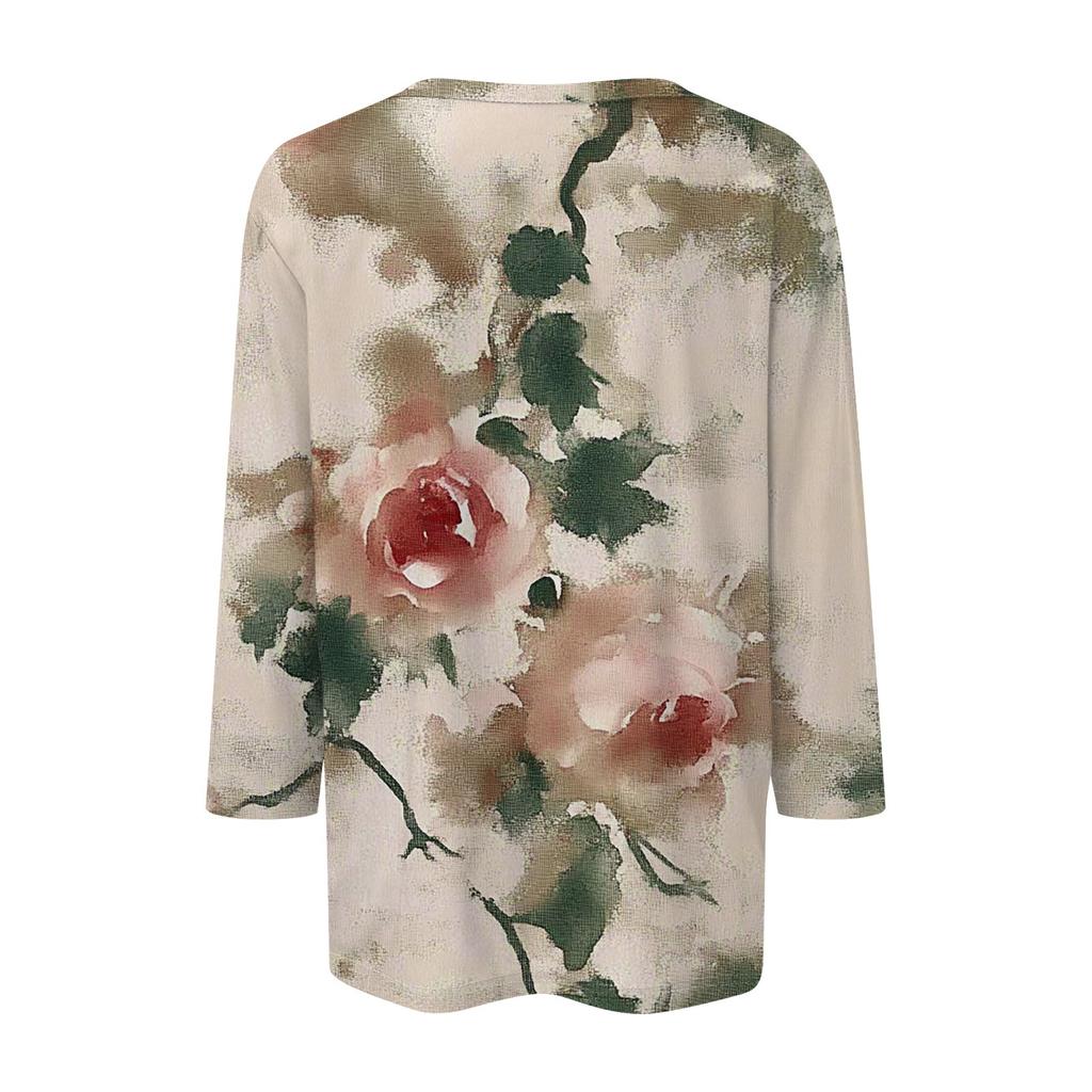 Женская мода повседневная 3/4 рукава цветочный принт пуловер круглый вырез топ повседневная одежда