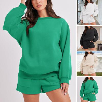 Женский комплект из 2 шт./компл., толстовка и шорты, свободный однотонный шнурок, эластичная резинка на талии, с длинным рукавом, круглый вырез, эластичные манжеты, мягкие карманы для женщин