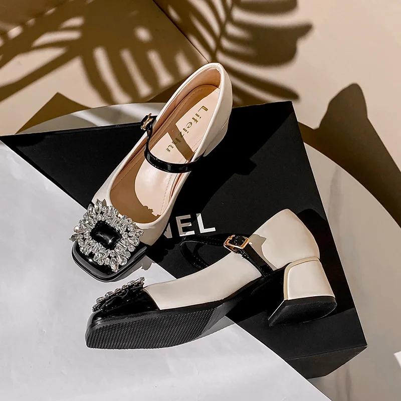 Плюс 35-43 Весна Лето Украшения Стразы Модные Женские Кожаные Туфли Мэри Джейн Квадратный Головной Узор Классический Толстый Каблук Низкий Каблук