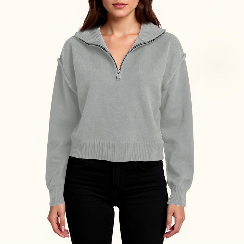 Women's Fashion Loose Casual Half Zip Lapel Pullover Sweater