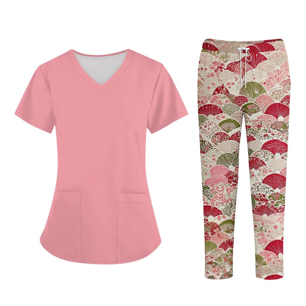 Плюс размерСкраб с принтом Рабочая форма Топы для женщин Крест V-образным вырезом Хэллоуин Принт с короткими рукавами Забавные футболки Спецодежда Футболка с карманами