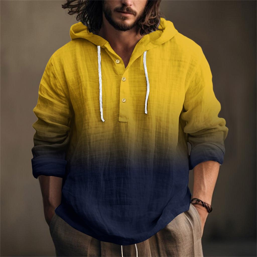 Printed Men's Cotton And Linen Shirt Hooded Long-sleeved Hooded Spring And Summer Casual Daily Wear